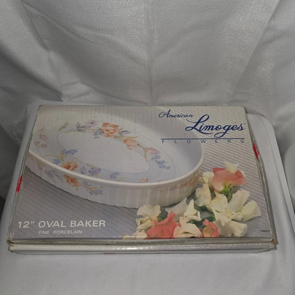 American Limoges Flowers 12 Inch Oval Baker Fine Porcelain Floral Casserole Dish